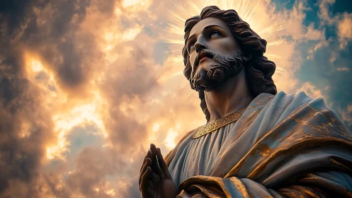 Radiant sacred statue beneath a glowing, storm-soft sky.