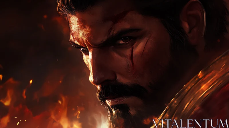 Battle-scarred warrior portrait glowing in searing firelight.