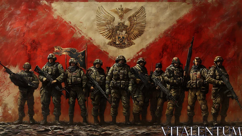 Modern infantry line before stylized red and white banner.