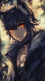 Wolf-eared wanderer with ember eyes in soft forest light.