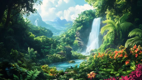 Luminous rainforest cataract with saturated botanical density.