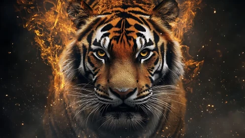 Inferno-eyed tiger strides through embers and smoke.
