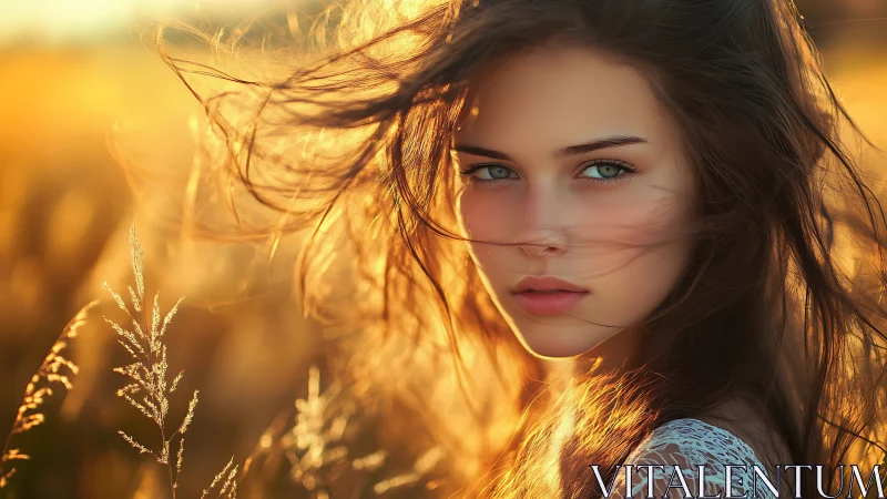 Golden hour daydream with sunlit hair and thoughtful eyes.