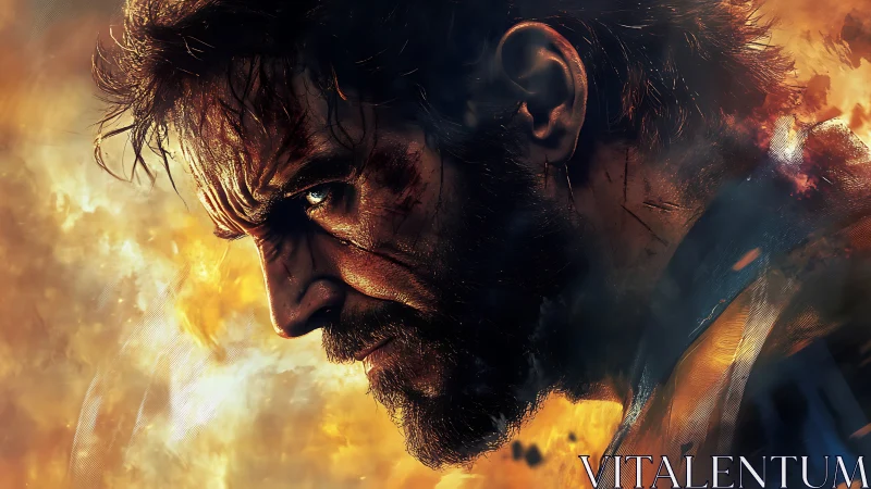 Battle-scarred warrior profile against blazing firestorm.