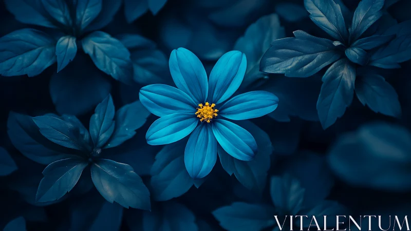 Blue Flowers with Yellow Center Among Dark Foliage