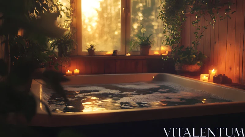 Sunlit indoor spa bath glows with candles and foliage