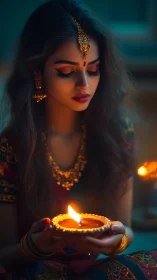 Young woman in festive attire cradles a glowing diya flame.