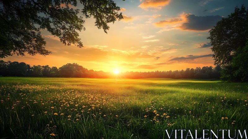 Sunset over open meadow with distant forest edge.