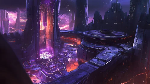 Cyberpunk megastructure hub with luminous reactor core design.