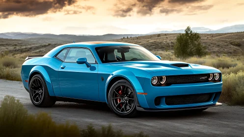 Sky-bright muscle coupe prowls a desert road at dusk.