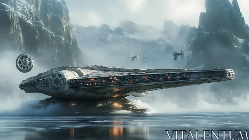 Starship glides over icy world as distant fighters pursue