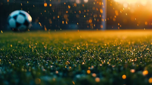 Sunlit soccer pitch glows with water droplets in motion.