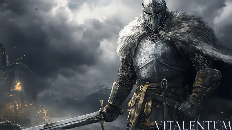 Storm-dark battlefield frames a resolute armored knight hero