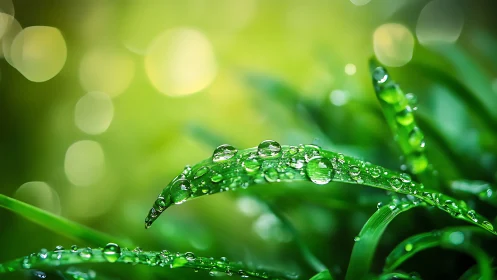Macro detail of dew droplets on green grass blade in bokeh field