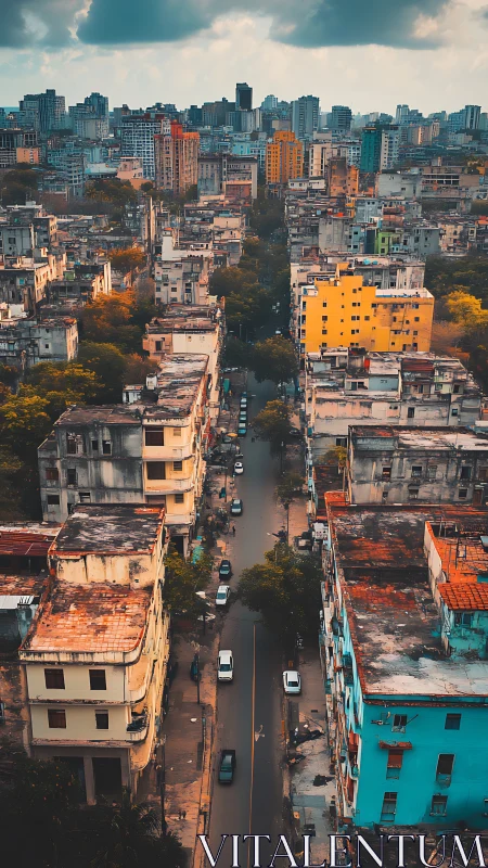 Moody vertical aerial of dense urban corridor at dusk.