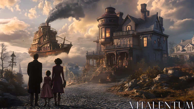 Victorian coastline with levitating steamship and lit mansion.