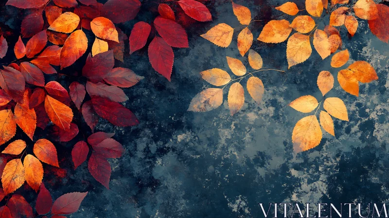 Autumn leaves arranged on textured blue mottled surface.