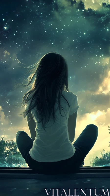 Solitary figure seated against star-filled night sky scene.