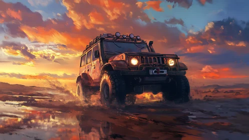 Off-road SUV at dusk in cinematic digital painting composition.