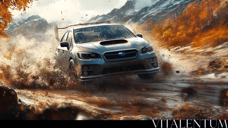Dynamic rally sedan drifting through autumn mudscape environment.