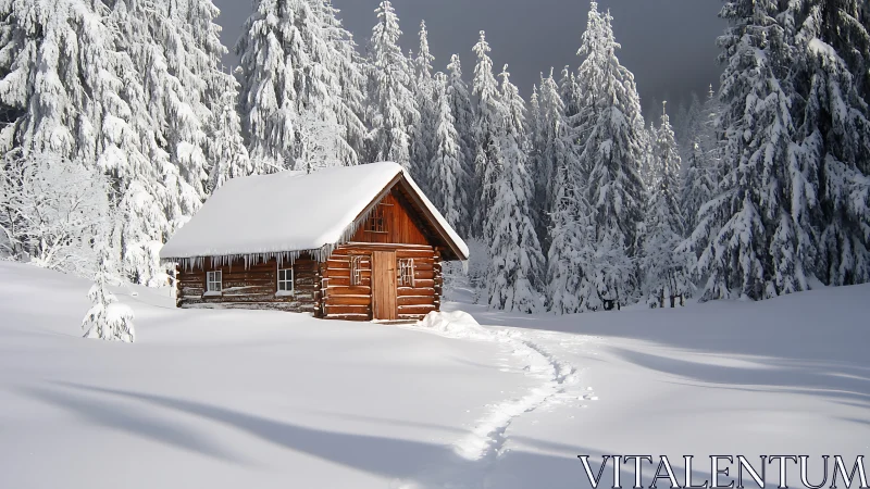 Silent timber cabin cradled in deep, untouched winter snow.