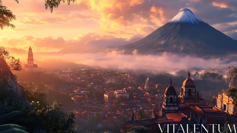 Sunlit mountain city glows beneath misty volcanic peak