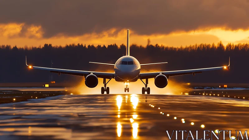 Passenger jet touches down on wet runway at sunset light