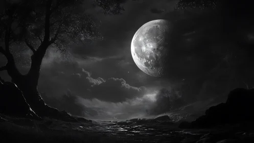 Moonlit rocky landscape under dramatic night sky scene.