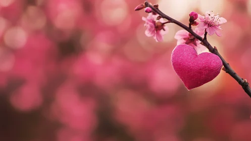Pink Blossoms with Heart Ornament. Spring Romance.