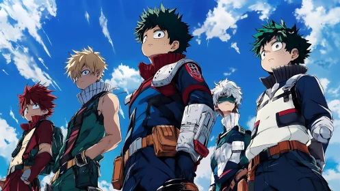 Heroic anime squad under vivid blue dynamic sky.