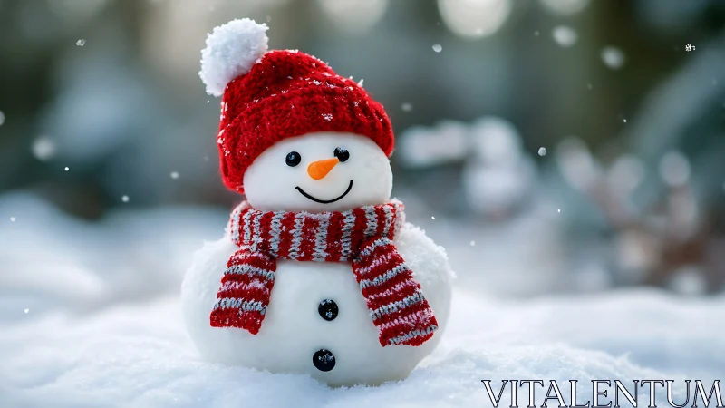 Snowman in red winter hat and striped scarf on snowy ground.