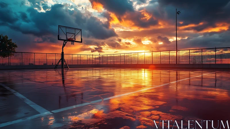 Wet rooftop basketball court reflects low sunset light precisely
