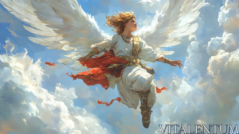 Radiant winged guardian soars through luminous summer clouds