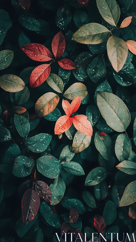 Scarlet leaves amid teal foliage under soft raindrops glow.