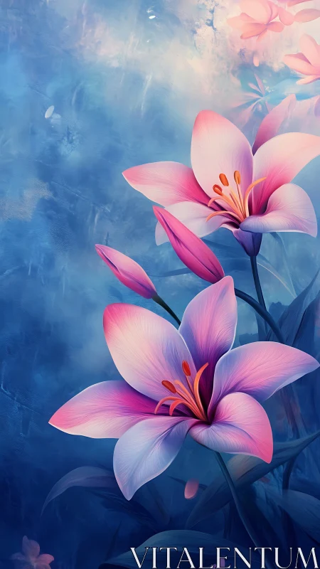 Pink lilies with coral stamens floating on misty blue gradient