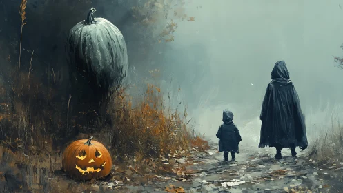 Cloaked figures walk toward fog as pumpkins frame the path