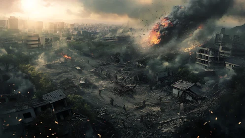 Urban battlefield with burning ruins and dense smoke.