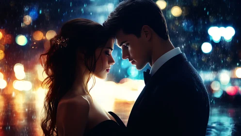Couple in Rain: Intimate Moment Under City Lights.