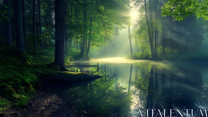 Misty Forest Stream at Dawn. Luminous rays pierce dense woodland canopy.