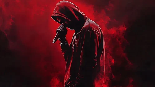 Hooded rapper silhouette holds microphone in red smoke