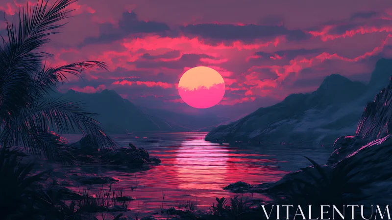 Neon sun melts into tidal glass between dreaming cliffs