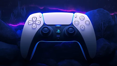 PlayStation 5 DualSense Controller with Neon Lighting in Ethereal Landscape