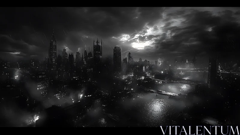 Noir megacity skyline glows through rain and heavy storm