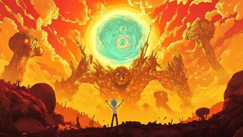 Cosmic wanderer greeting a blazing otherworldly titan.