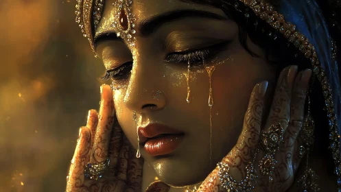 Gilded tears of a henna crowned bride in dusklight reverie.