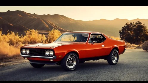 Vintage orange muscle car parked on desert highway at sunset.