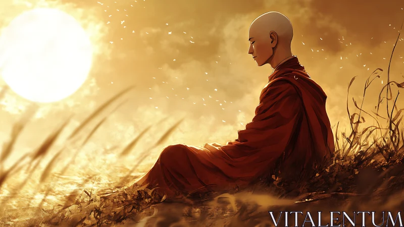 Monk in saffron robes meditating at golden digital sunset.