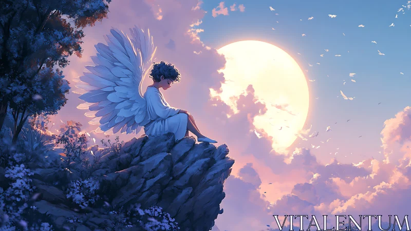 Lone winged child on twilight cliff before luminous full moon