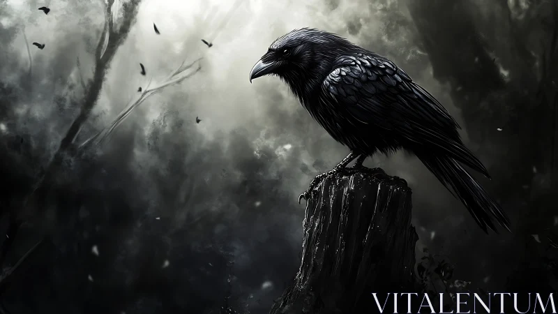 Solitary Raven on Weathered Timber Post: Digital Painting.