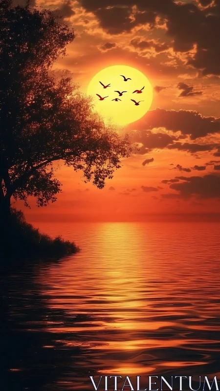 Fiery lake sunset with silhouetted tree and flying birds.
